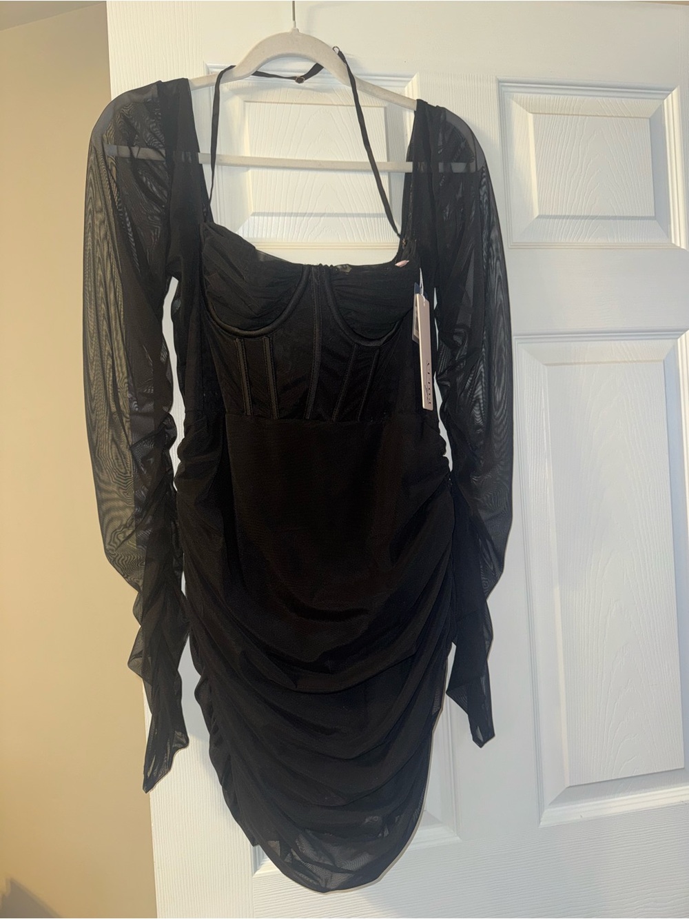 Oh Polly Black Long Sleeve Mesh Ruched Corset Dress